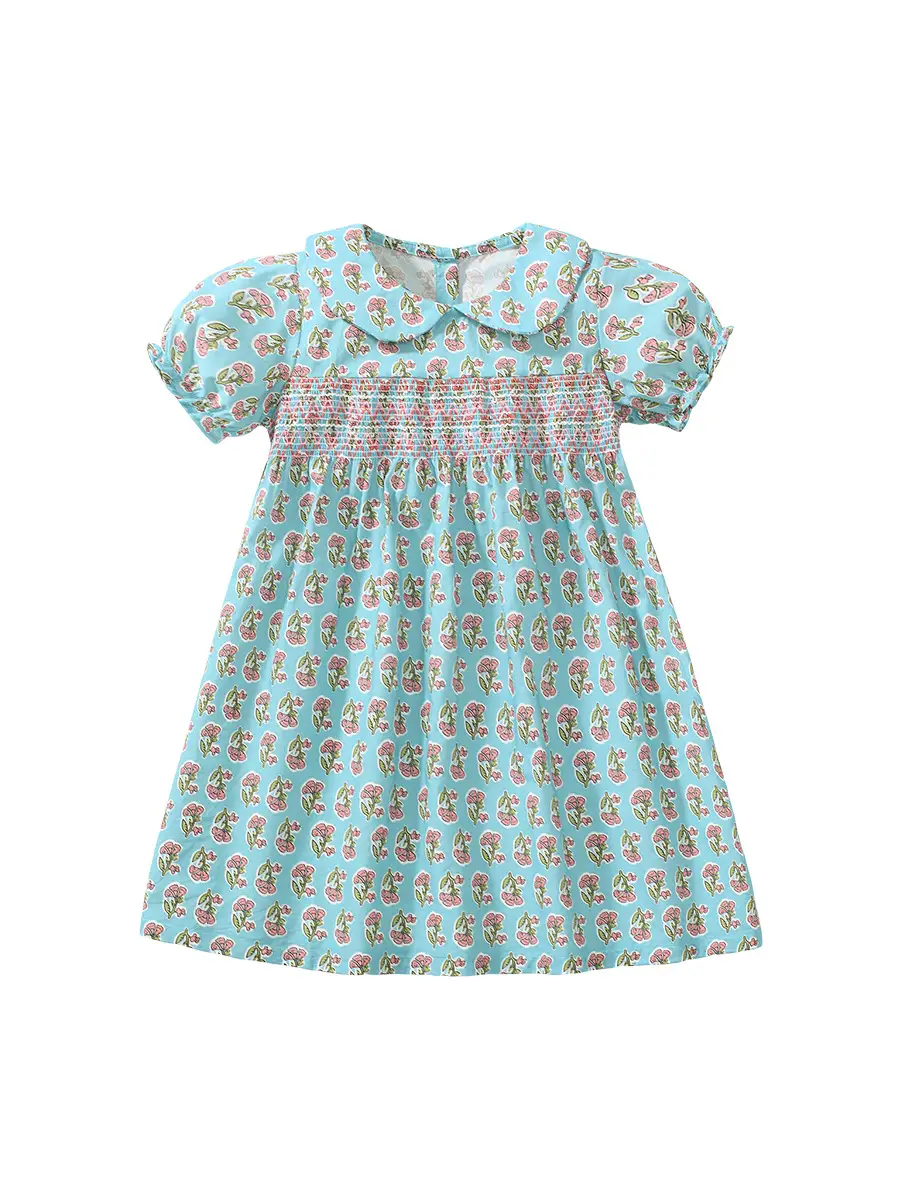 Cotton Floral Summer Dress for Little Girl Blue Pink