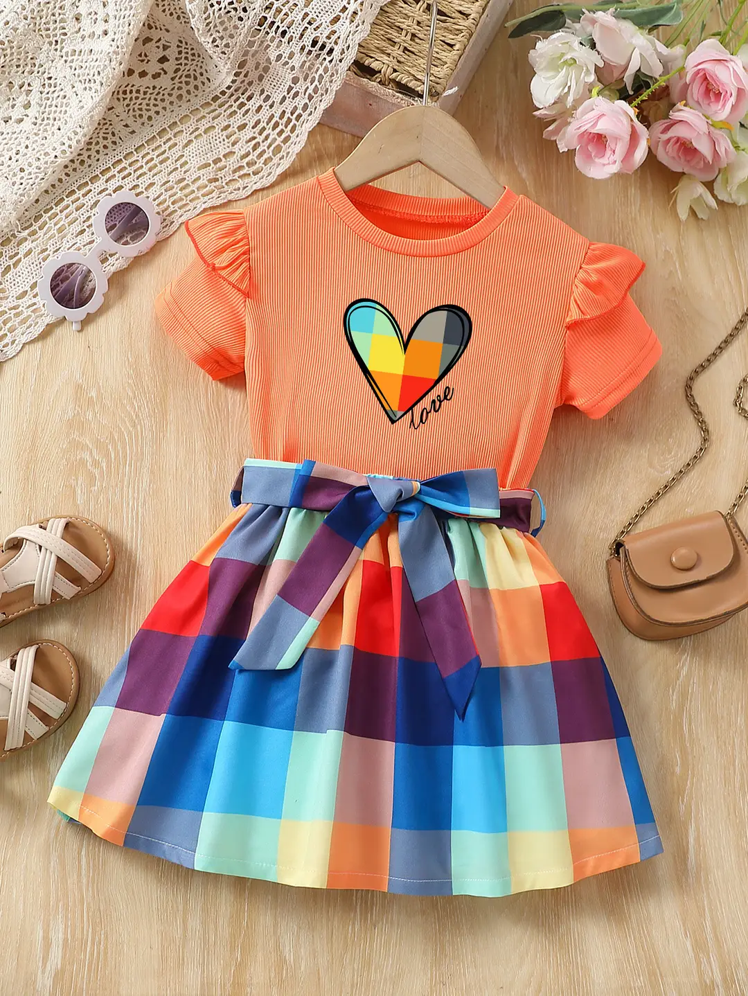 Kids Rainbow Heart Love Top & Plaid Skirt Set
