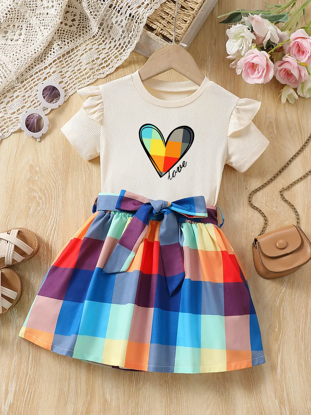 Kids Rainbow Heart Love Top & Plaid Skirt Set