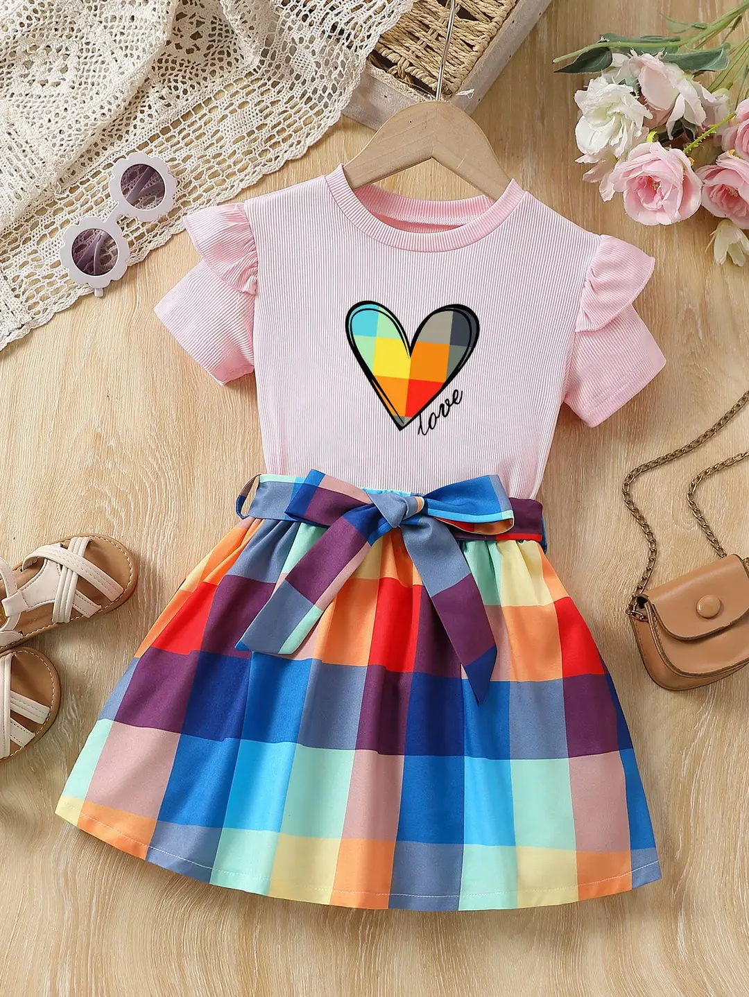 Kids Rainbow Heart Love Top & Plaid Skirt Set