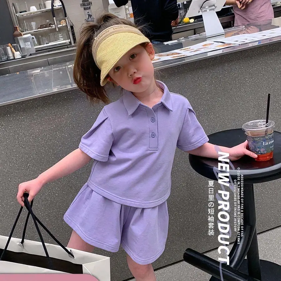 Kids Purple Polo Shorts Set for Summer