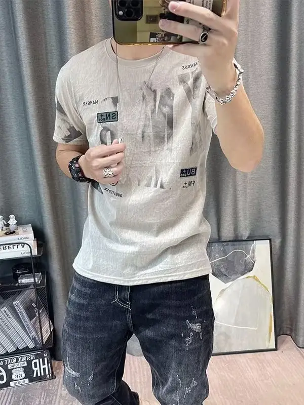 Men Printed Ice Silk T-Shirt Pure White Summer Casual