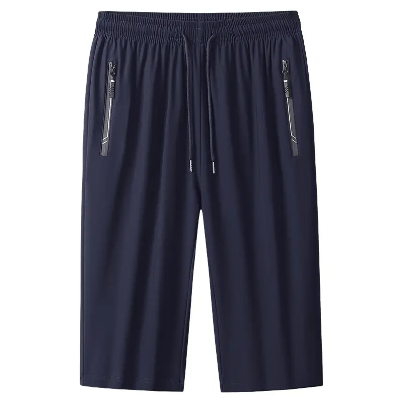 Men Black Ice Silk Cropped Pants Summer Loose Fit