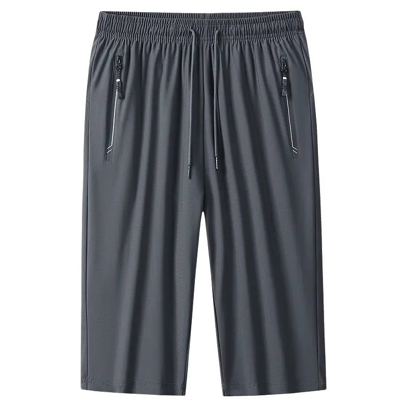 Men Black Ice Silk Cropped Pants Summer Loose Fit