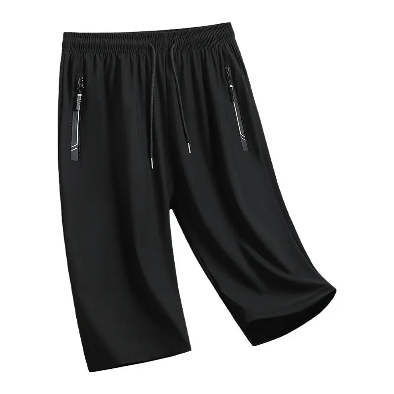 Men Black Ice Silk Cropped Pants Summer Loose Fit
