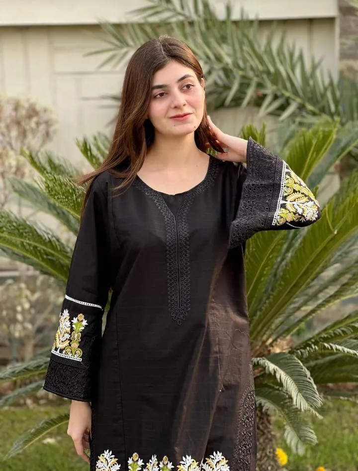 2 Pcs Women's Stitched Linen Embroidered Shirt And Trouser