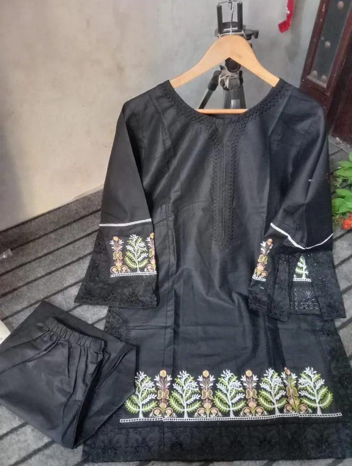 2 Pcs Women's Stitched Linen Embroidered Shirt And Trouser