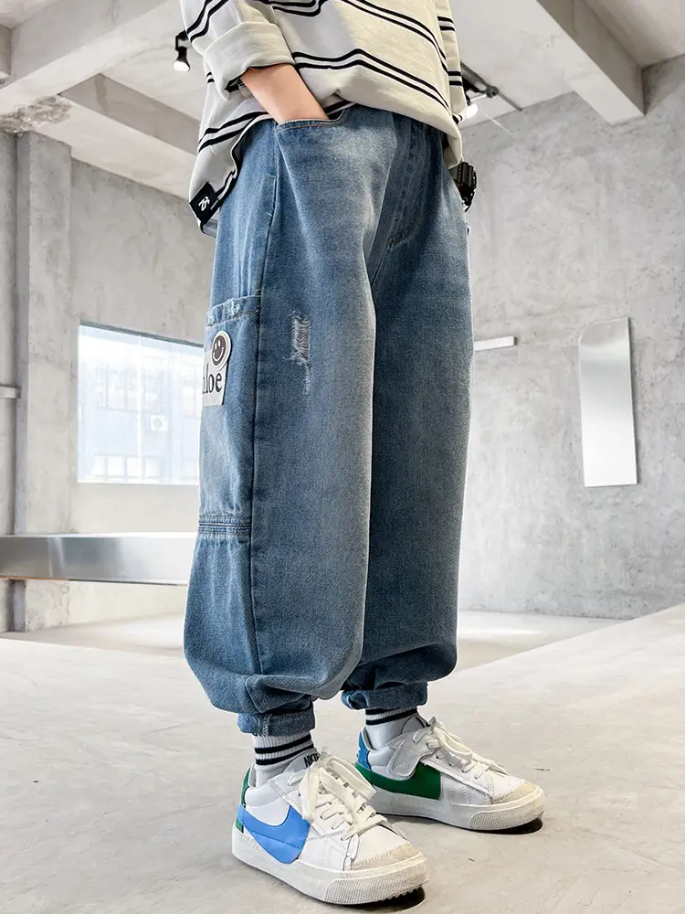 Kids Denim Jeans Blue Ripped Loose Fit 5-12Y