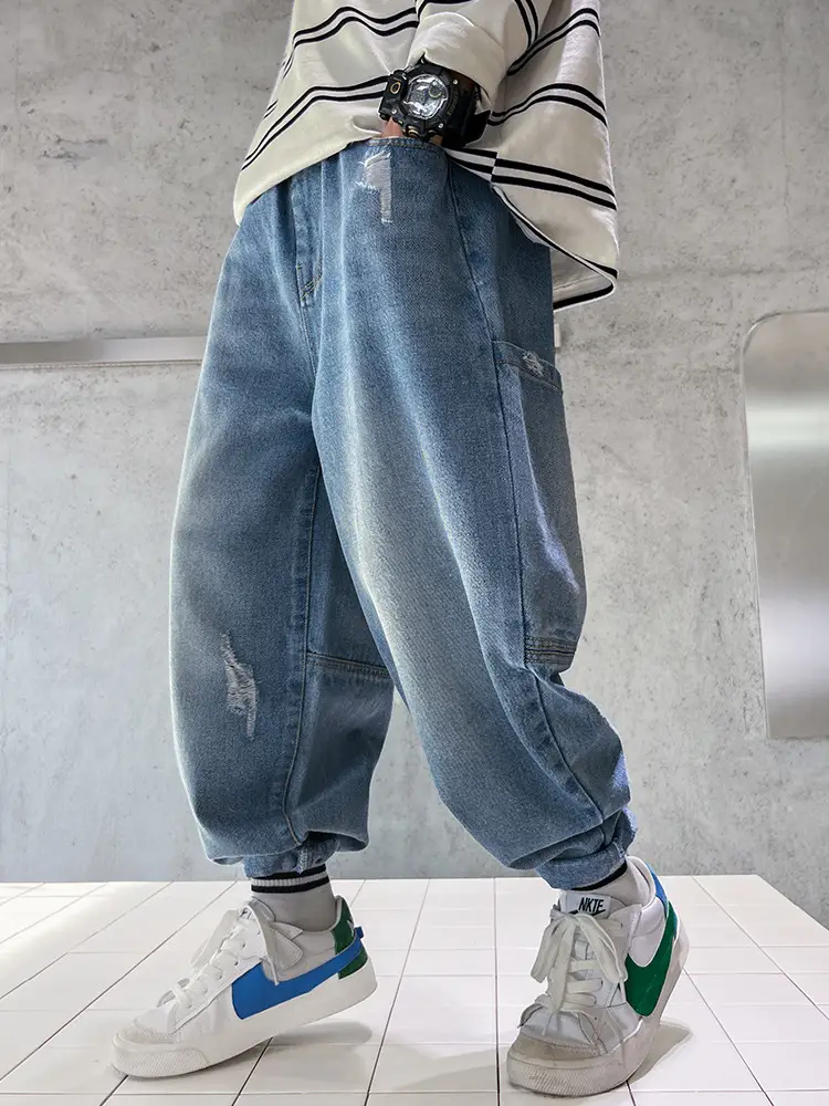 Kids Denim Jeans Blue Ripped Loose Fit 5-12Y