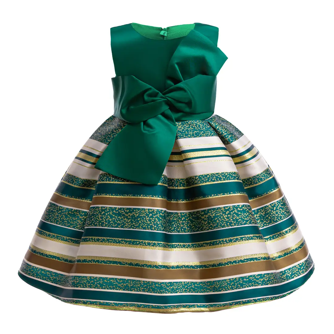 Princess Striped Bow Dress for Girls Blue Gold