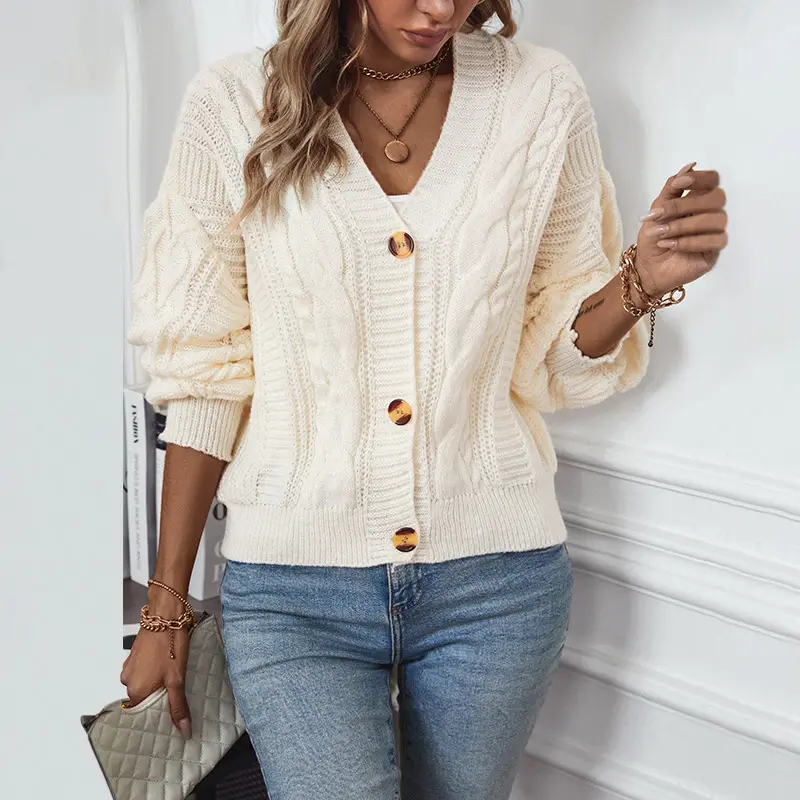Women's V Neck Cable Knit Cardigan Cream Solid