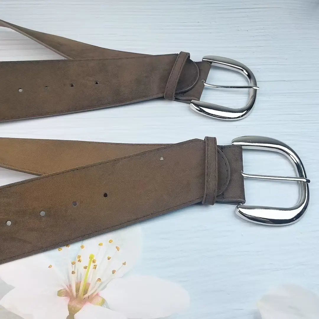 Women Suede Wide Belt Brown Retro Pin Buckle