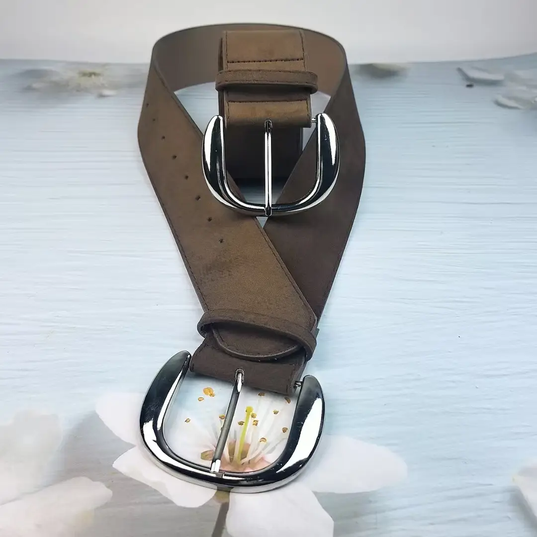 Women Suede Wide Belt Brown Retro Pin Buckle