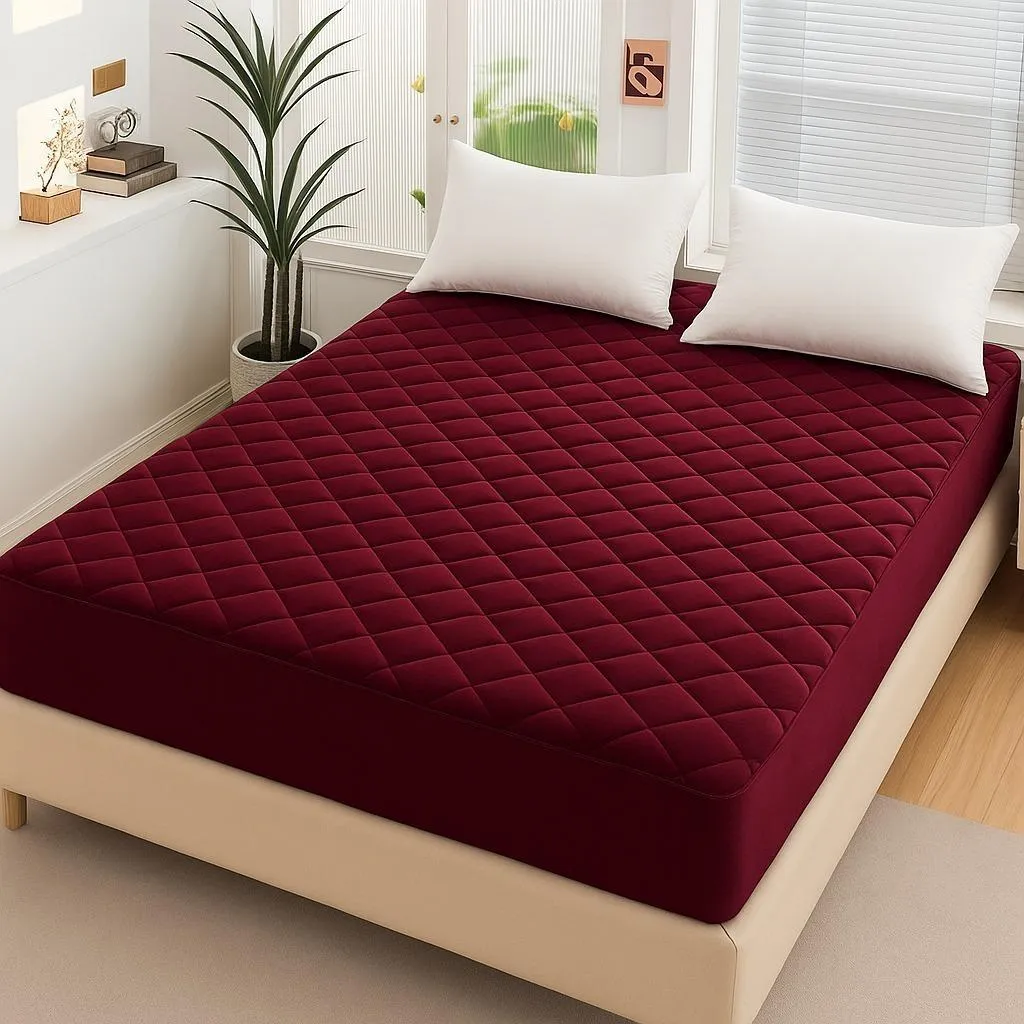 Maroon Quilted Micro Double Bed Mattress Cover