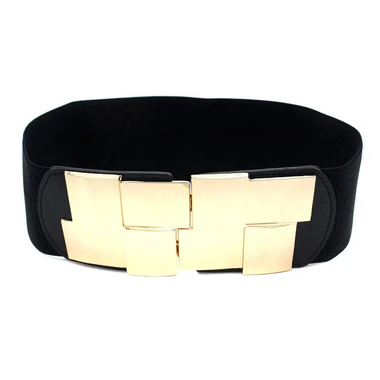 Women Geometric Metal Buckle Waist Belt Red Black