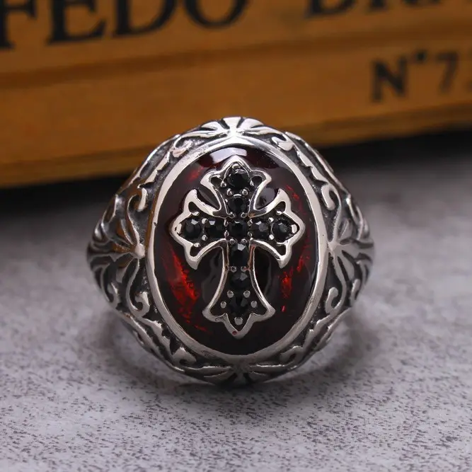 Stainless Steel Cross Design Ring Red Enamel Center
