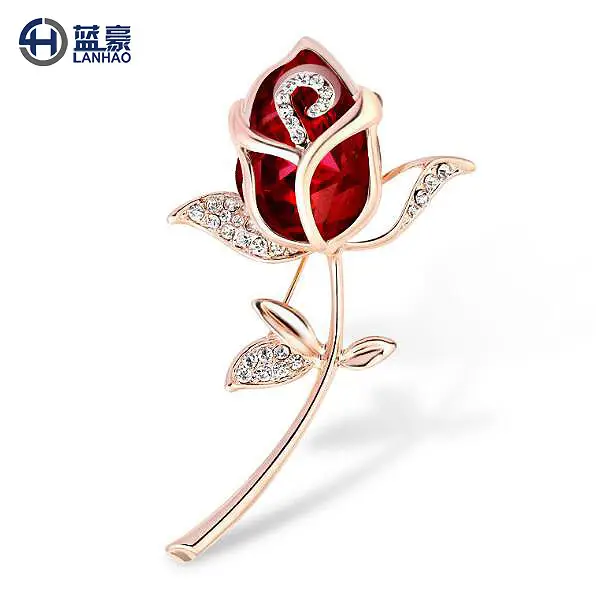 Red Rose Brooch with Rhinestones Rose Gold