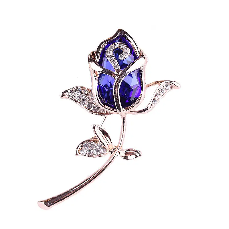 Red Rose Brooch with Rhinestones Rose Gold