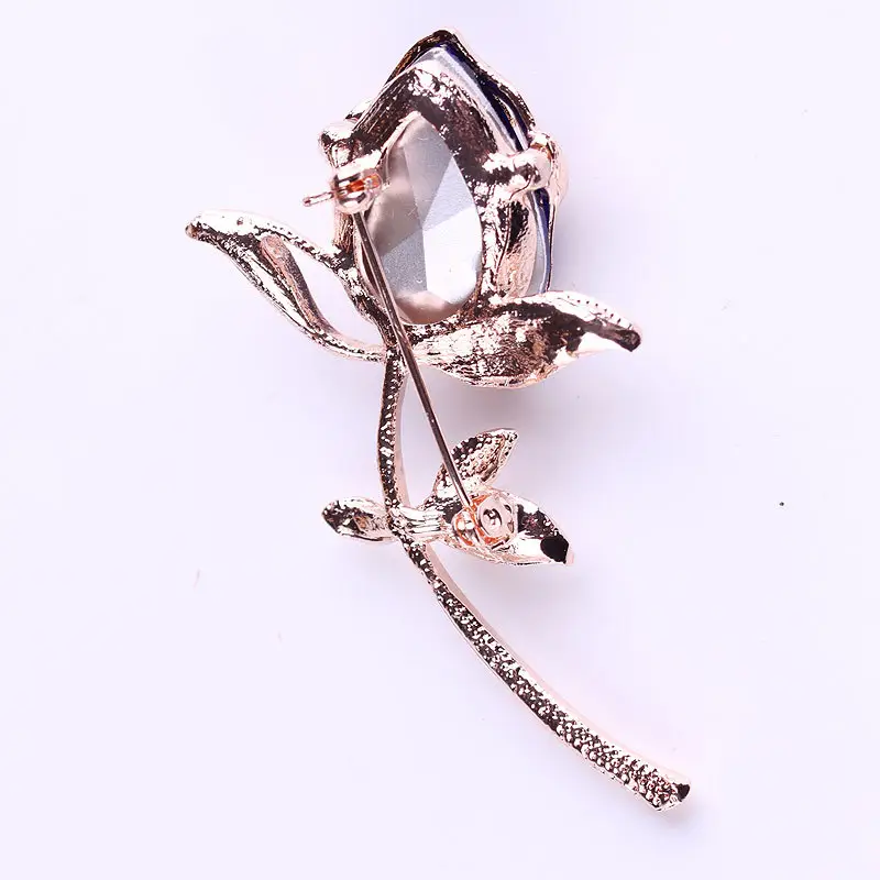 Red Rose Brooch with Rhinestones Rose Gold