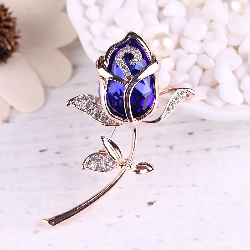 Red Rose Brooch with Rhinestones Rose Gold