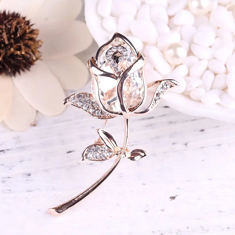 Red Rose Brooch with Rhinestones Rose Gold
