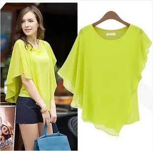 Women Chiffon Ruffled Batwing Top Blue