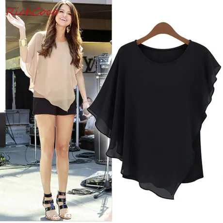 Women Chiffon Ruffled Batwing Top Blue