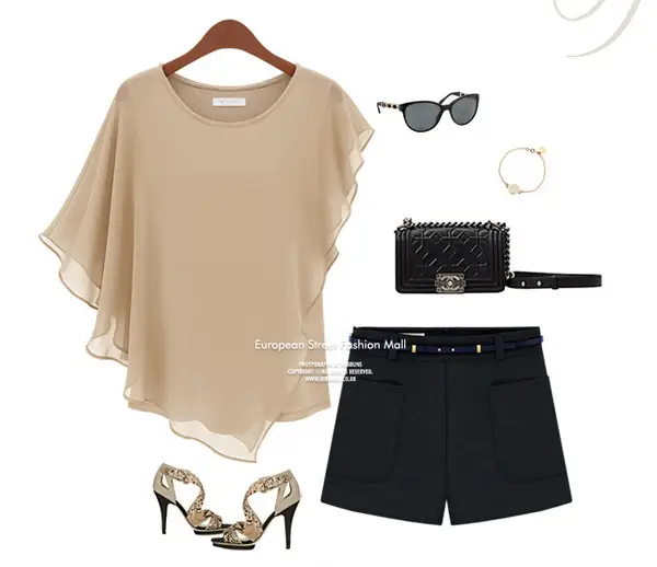 Women Chiffon Ruffled Batwing Top Blue