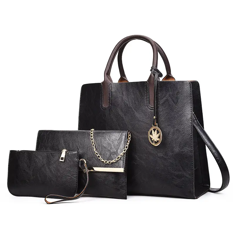 Multi-Piece Faux Leather Handbag Set Brown Star Charm