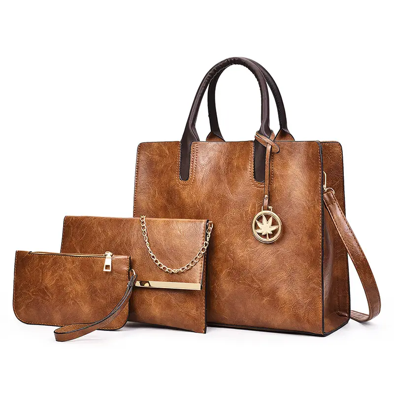 Multi-Piece Faux Leather Handbag Set Brown Star Charm