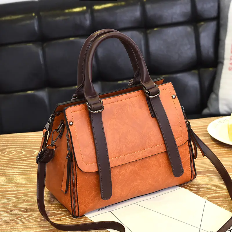 Women's Orange Boston Handbag with Shoulder Strap
