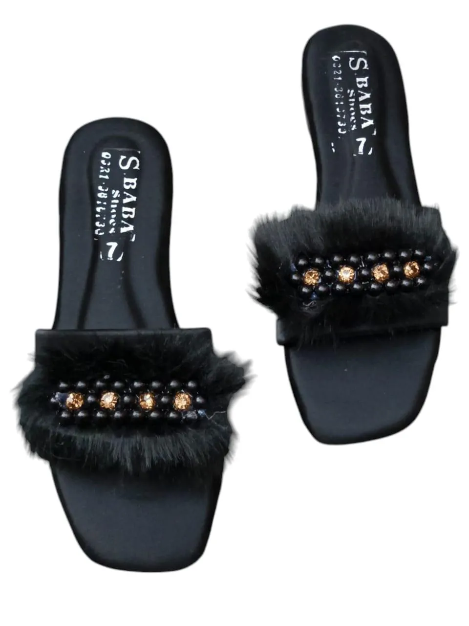 Black Faux Fur Embellished Women's Slides