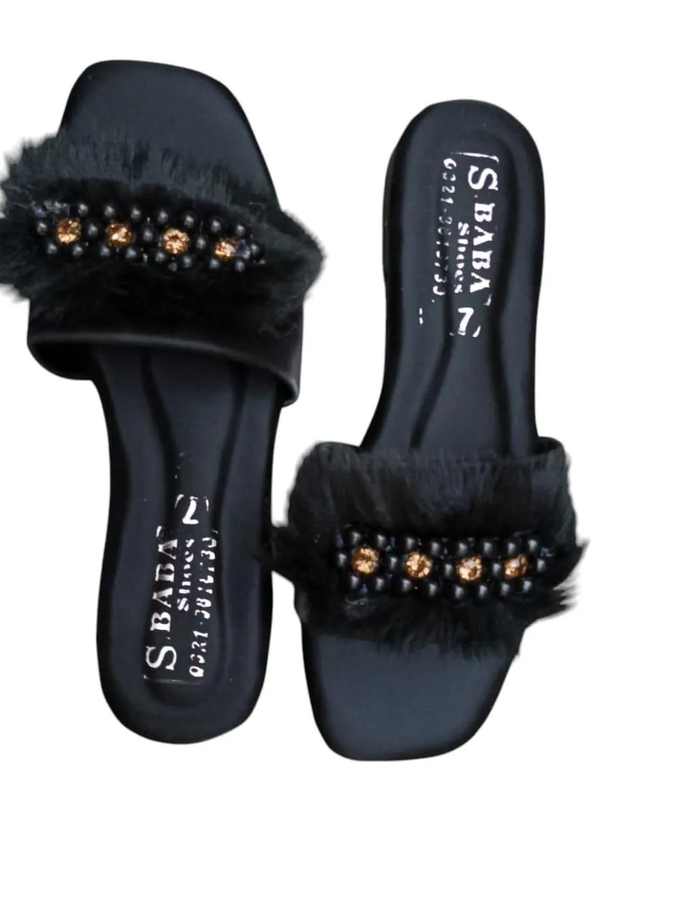 Black Faux Fur Embellished Women's Slides