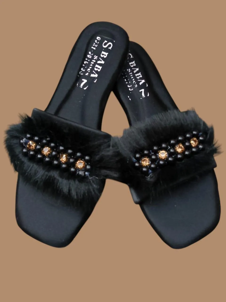 Black Faux Fur Embellished Women's Slides