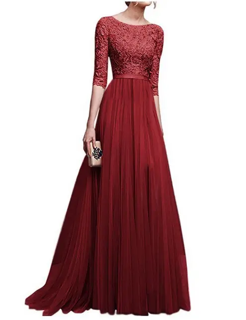 Chiffon Evening Gowns with Lace Bodice, Navy, Mauve, Black, Red