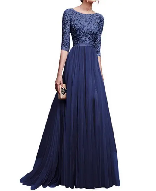Chiffon Evening Gowns with Lace Bodice, Navy, Mauve, Black, Red
