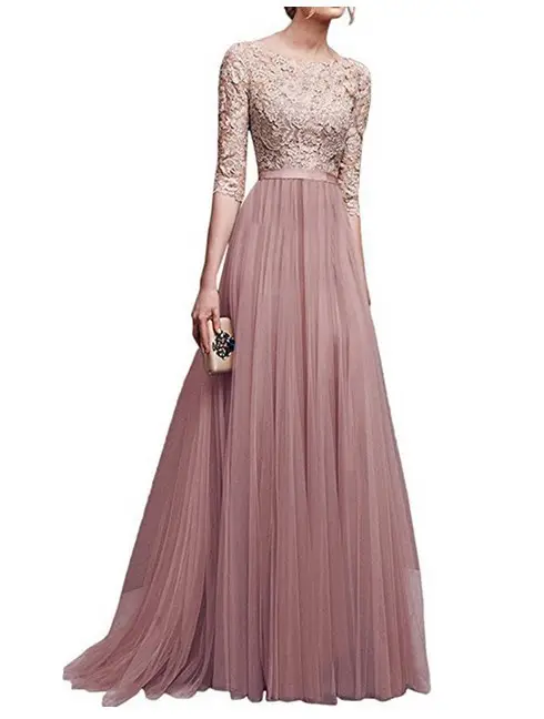 Chiffon Evening Gowns with Lace Bodice, Navy, Mauve, Black, Red