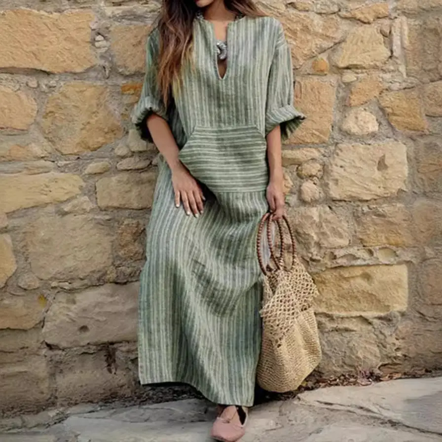 Grey Striped Long Dress for Women Cotton Linen