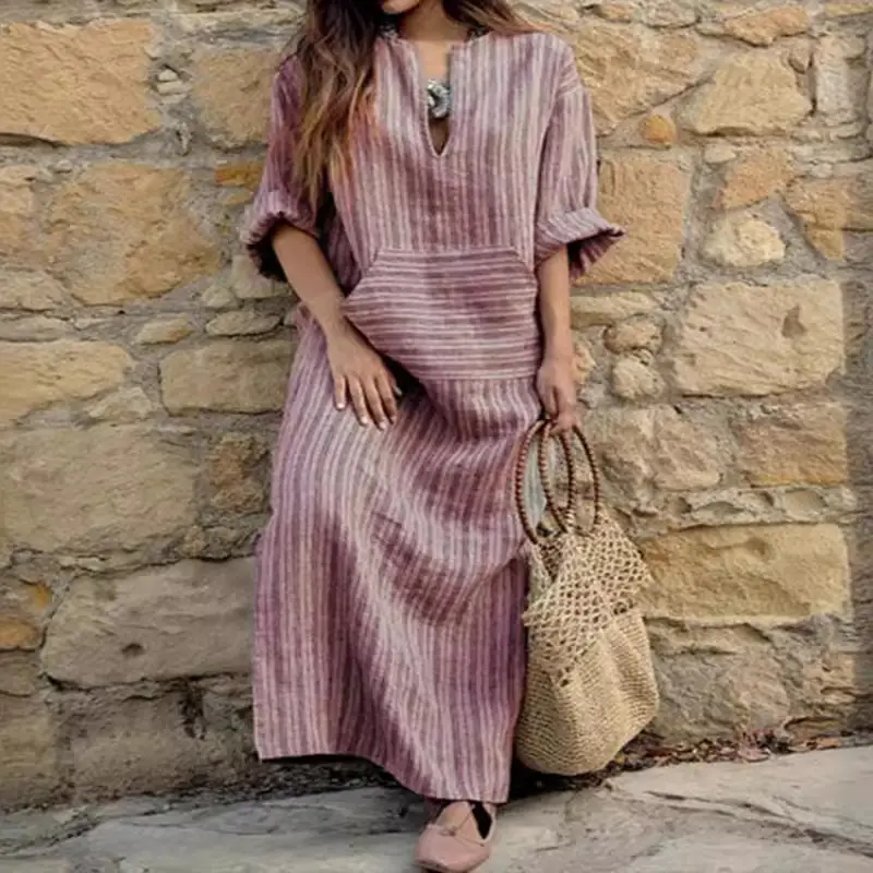 Grey Striped Long Dress for Women Cotton Linen