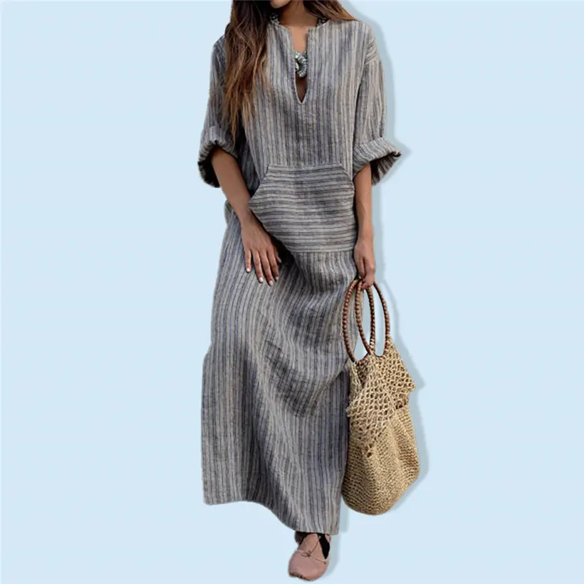 Grey Striped Long Dress for Women Cotton Linen