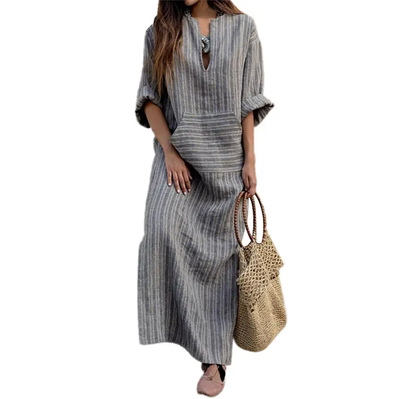 Grey Striped Long Dress for Women Cotton Linen