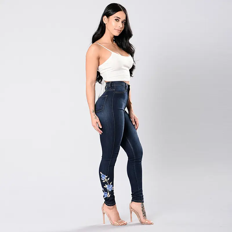Women Slim Embroidered High Waist Jeans Blue Floral