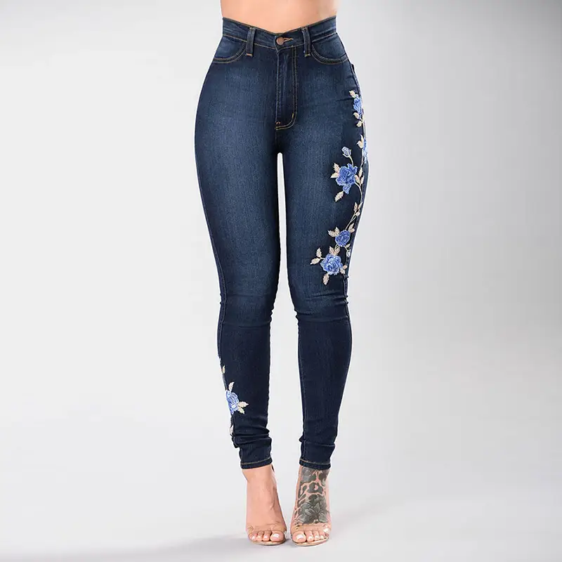 Women Slim Embroidered High Waist Jeans Blue Floral