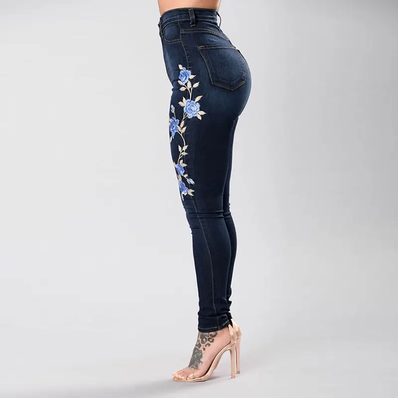 Women Slim Embroidered High Waist Jeans Blue Floral