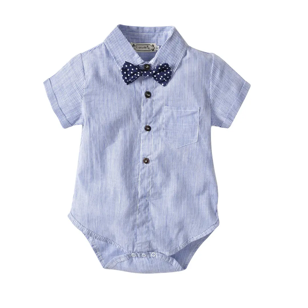Kids 3-Piece Suit Blue White Striped Shorts Bow Tie