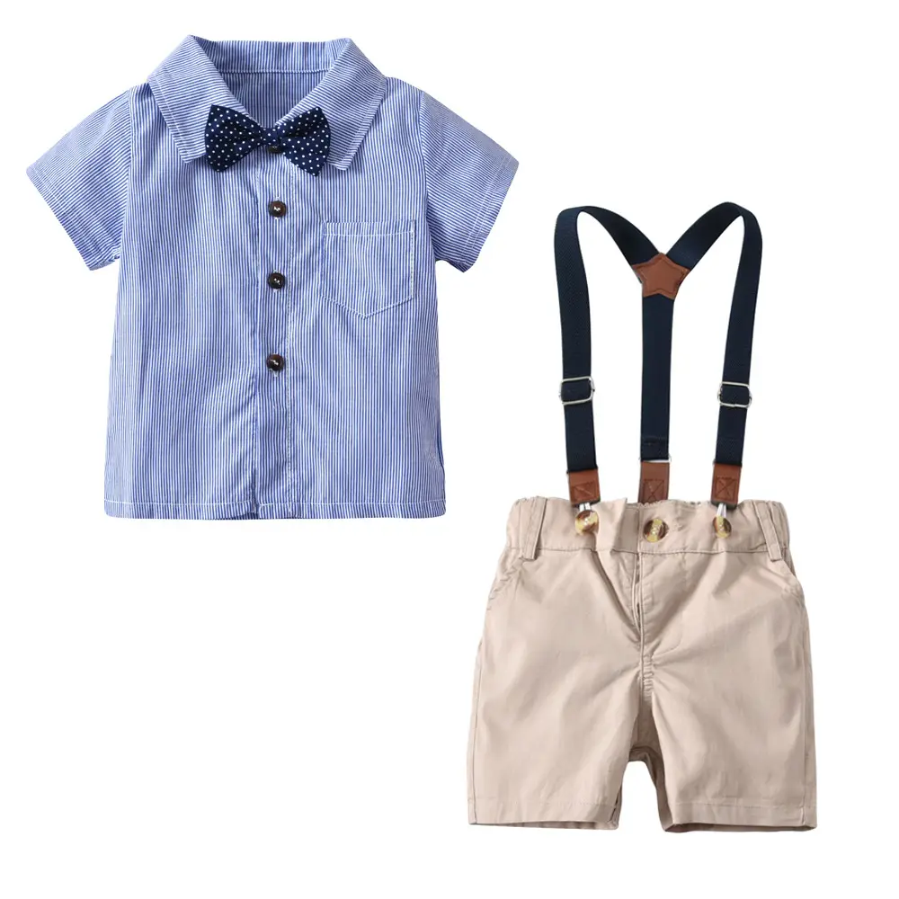 Kids 3-Piece Suit Blue White Striped Shorts Bow Tie