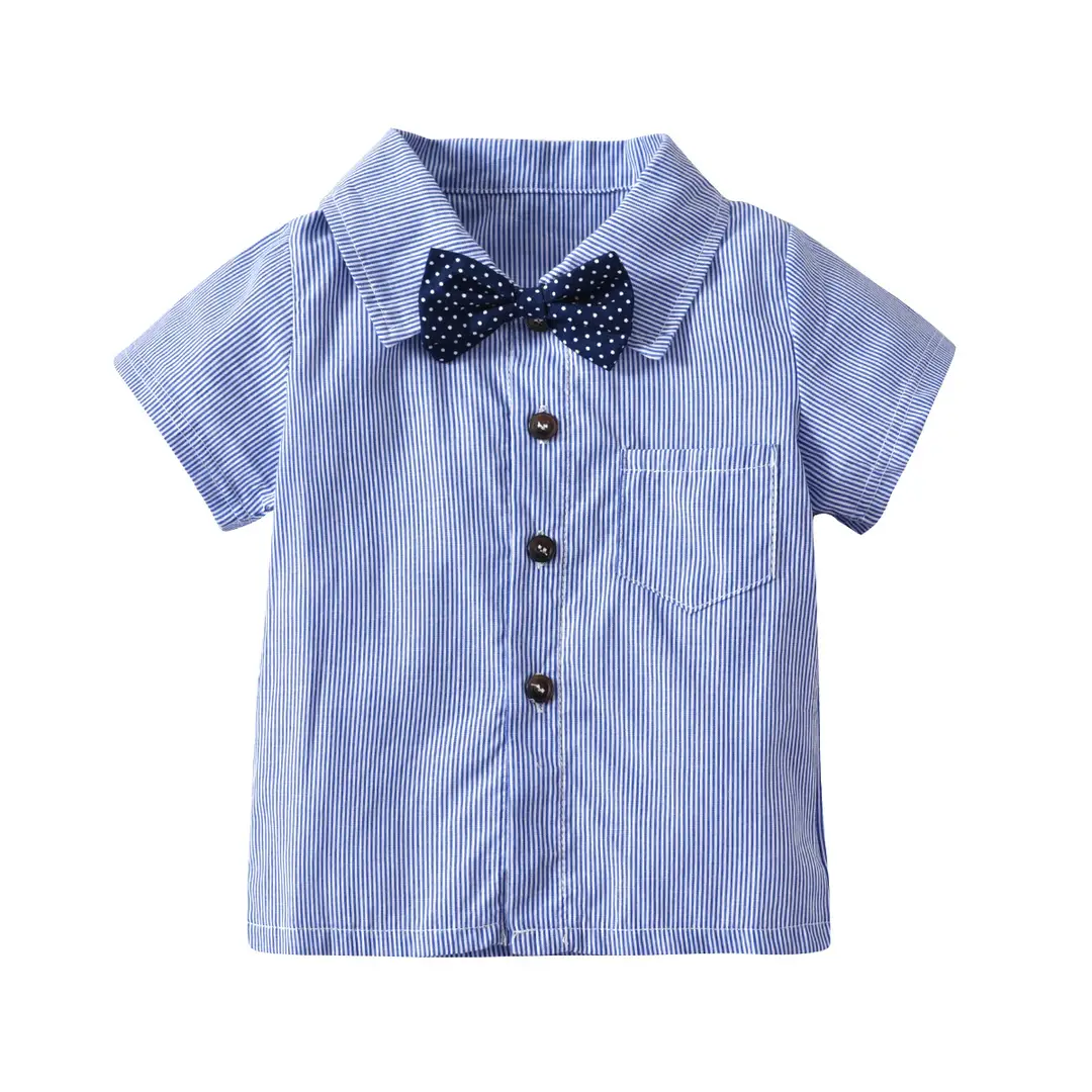 Kids 3-Piece Suit Blue White Striped Shorts Bow Tie