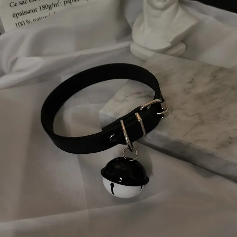 Black Leather Bell Collar for Couples