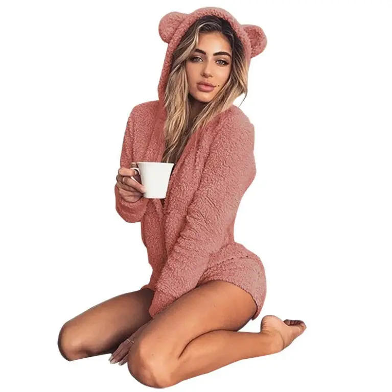Plush Hooded Jumpsuit Bear Ears Soft Cozy