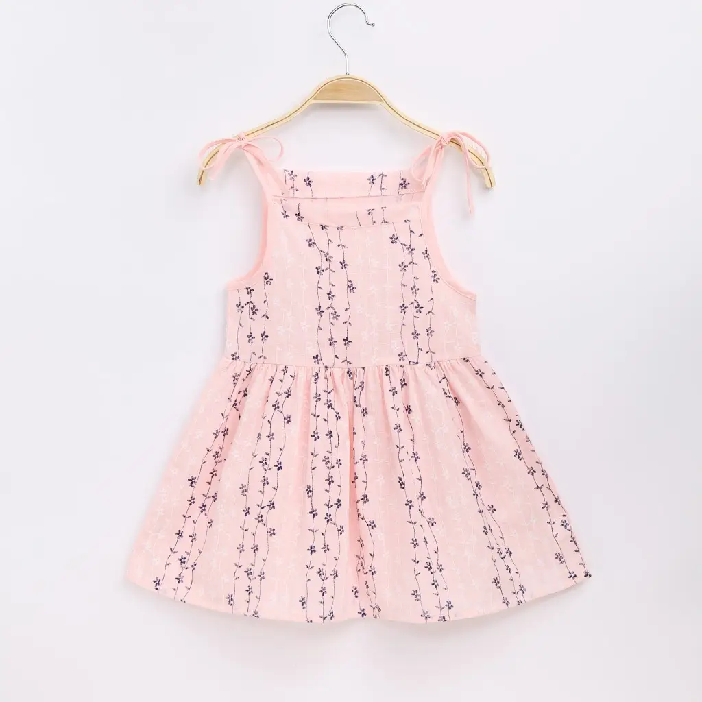 Pink Sleeveless Floral Dress for Girls with Tie Straps